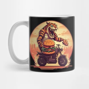 tiger monster in desert with delivering burger Mug